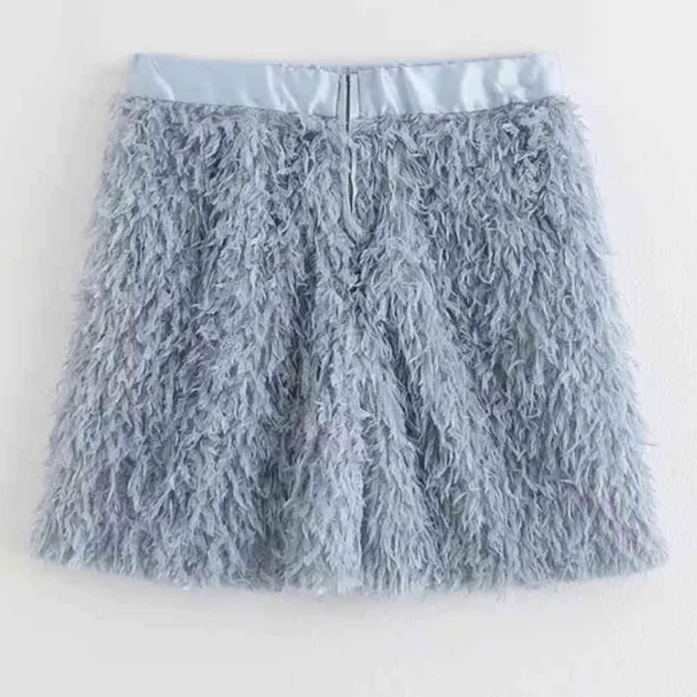 ZARA feather mini fuzzy skirt chic blue high waisted size S - Picture 2 of 7